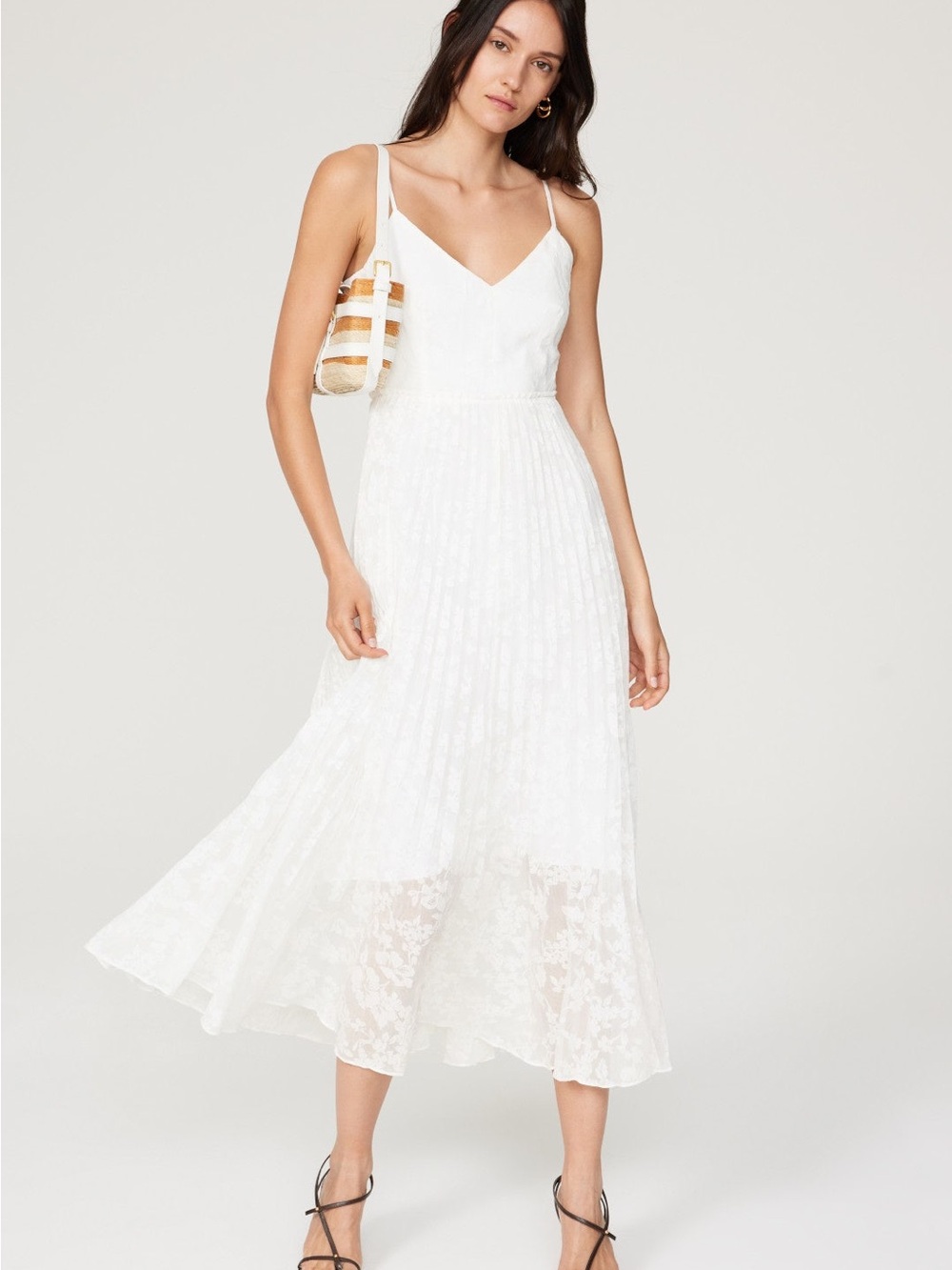 Club Monaco White Lace V-Neck Pleated Midi Dress